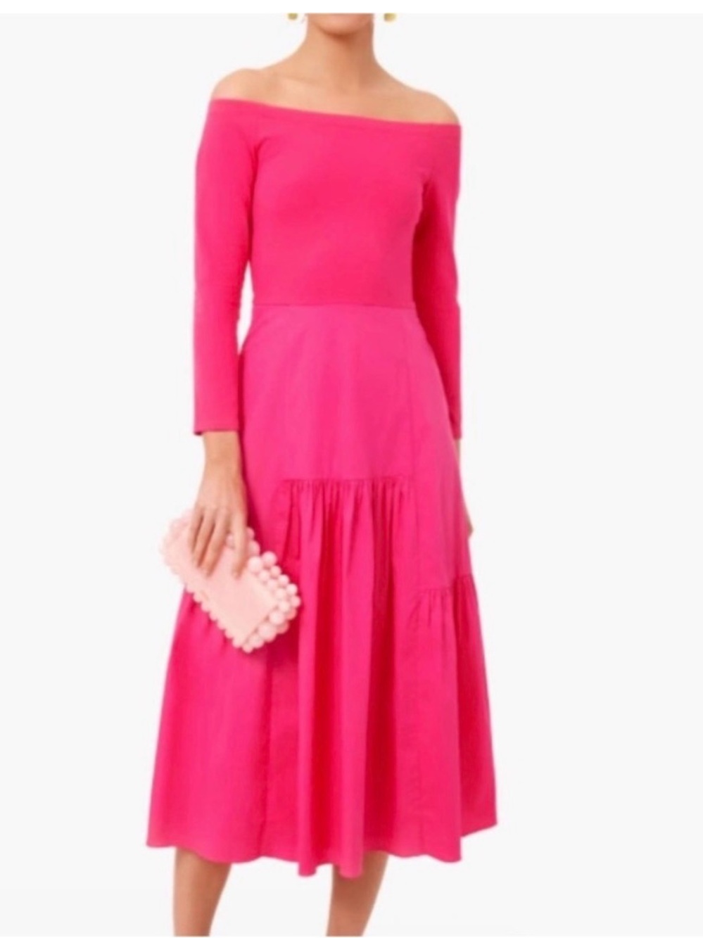 Tuckernuck Off-Shoulder Hot Pink Tiered Midi Dress